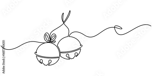 Christmas jingle bells hand draw one single line banner. Christmas jingle bell with ribbon drawn with one continuous line. Vector stock illustration isolated on white background.