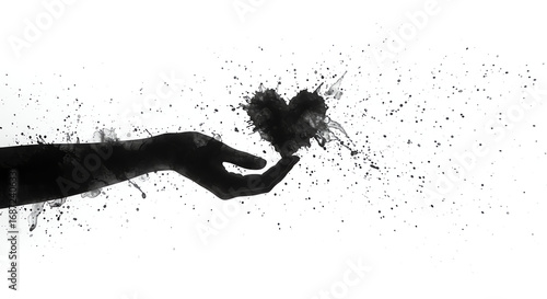 Hand holding heart with black ink splashes