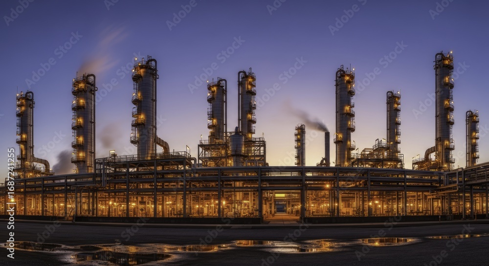 Obraz premium Panoramic View of an Illuminated Industrial Petrochemical Plant at Twilight with Smoke Plumes and Puddle Reflections
