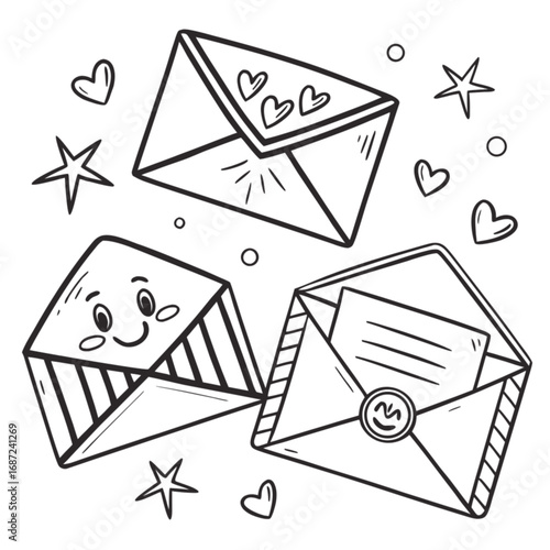 Three Cute Hand-Drawn Envelopes with Hearts and Stars.