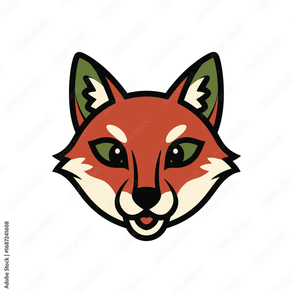 Obraz premium Cute Cartoon Fox Head Illustration with Green Eyes.