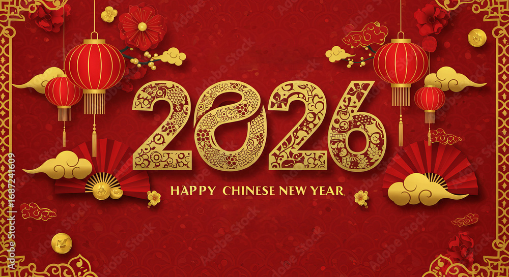 Naklejka premium Happy chinese new year 2026 greeting with traditional decorations