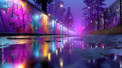 Neon-lit graffiti alley at night with wet reflective pavement, colorful murals along a fence, and a purple-pink glow.