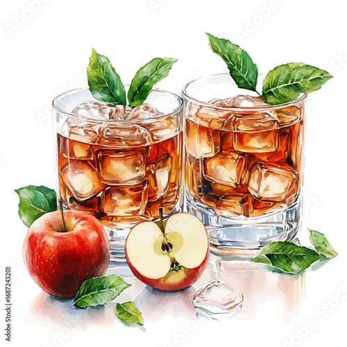 Apple Juice, watercolor illustration vector, isolated on a white background.