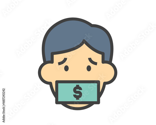 Illustration of a person unable to speak due to a dollar bill gag, a powerful symbol of financial influence, corruption, and being silenced by money
