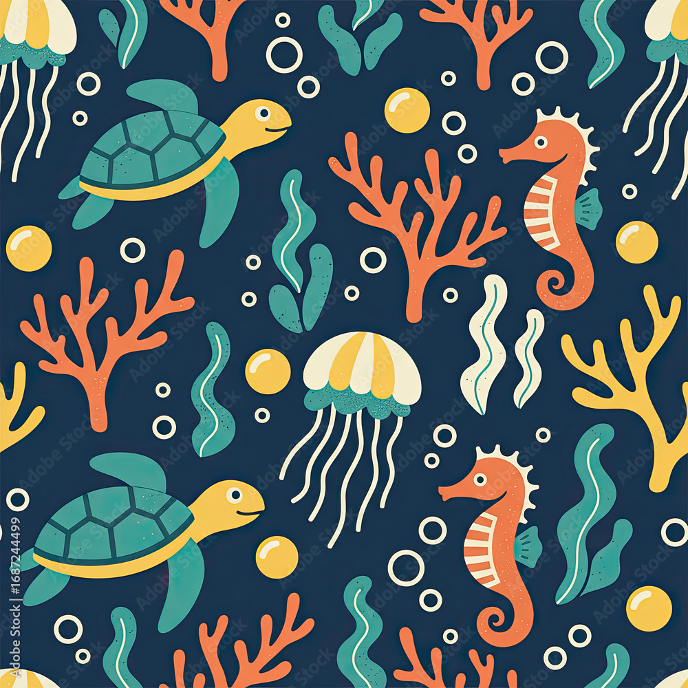 Obraz premium Cheerful underwater pattern featuring sea turtles, seahorses, jellyfish, and coral.