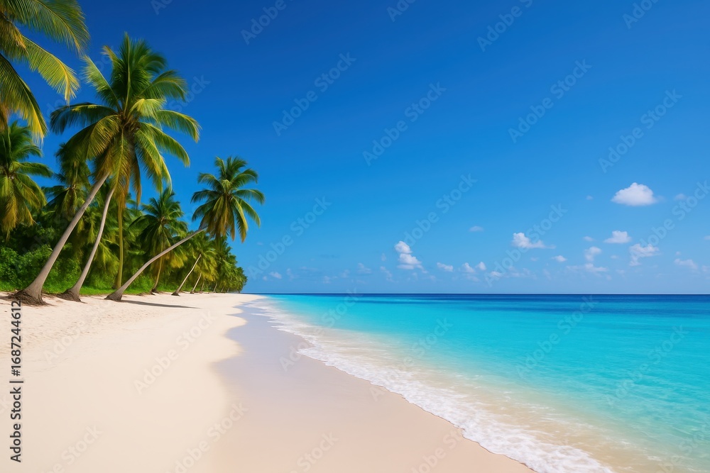 Obraz premium Tropical paradise beach scene with crystal clear azure waters and swaying palm trees under endless blue sky