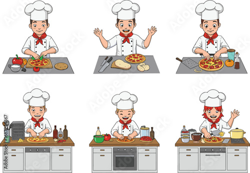 Chef making pizza cartoon set, slicing vegetables, spreading sauce, adding toppings, baking, serving, kitchen scene, recipe, food, cuisine, cooking