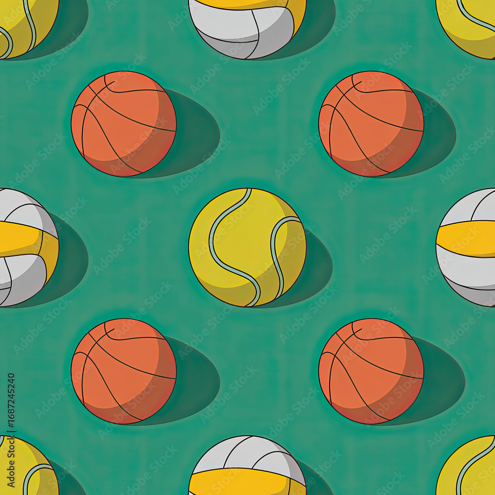 Seamless pattern featuring basketballs, volleyballs, and tennis balls on a green background with shadows.