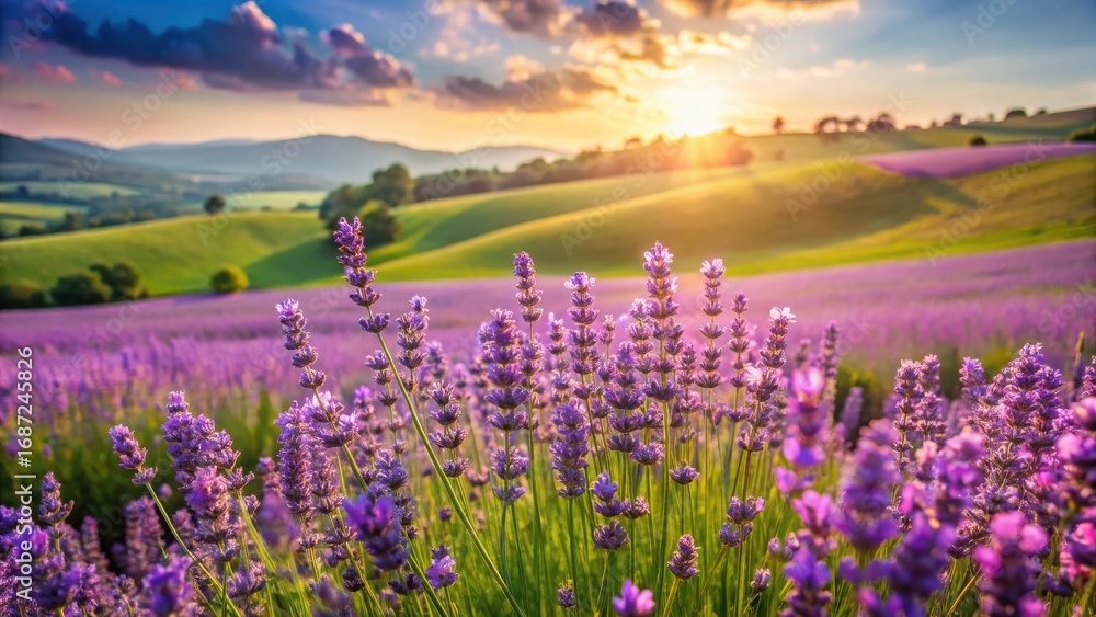 Fototapeta premium Serene Sunset Over Rolling Hills of Lavender Blossoms, Illuminating a Picturesque Landscape