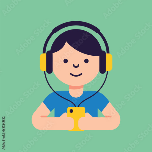 Smiling boy listening to music with yellow headphones and smartphone against a mint green backdrop, portraying youthful joy and modern technology.