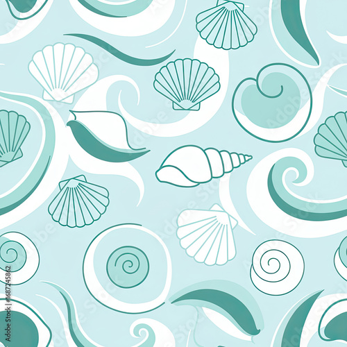 Wallpaper Mural A seamless pattern featuring stylized seashells and flowing water waves in shades of blue. Torontodigital.ca