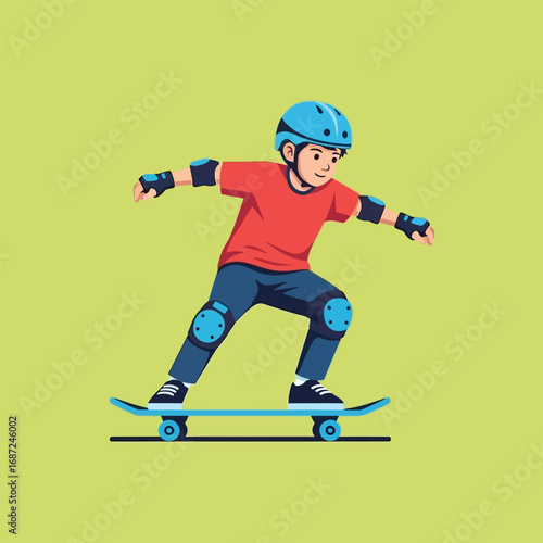 Young boy skateboarding in a skate park wearing protective gear, showcasing skill and balance with a sense of youthful energy and determination.