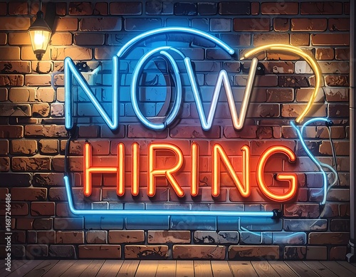 Neon Hiring Sign on Brick Wall
