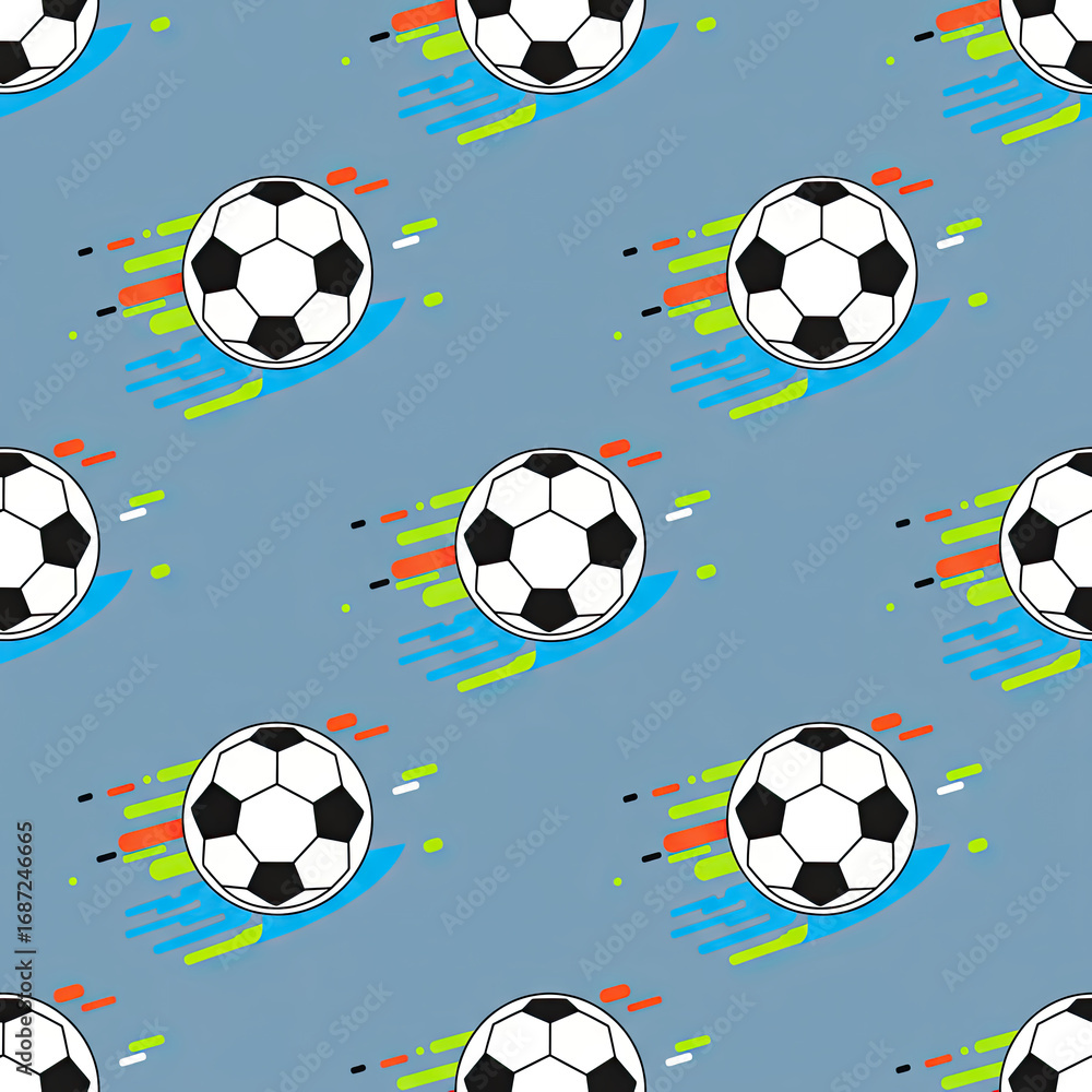 Seamless pattern of soccer balls with colorful abstract motion lines against a blue-gray background. Seamless pattern of soccer balls with colorful abstract motion lines against a blue-gray background.