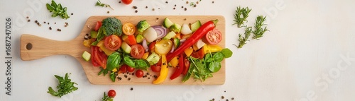 A vibrant assortment of fresh vegetables beautifully arranged on a wooden cutting board, garnished with herbs, perfect for healthy meals.