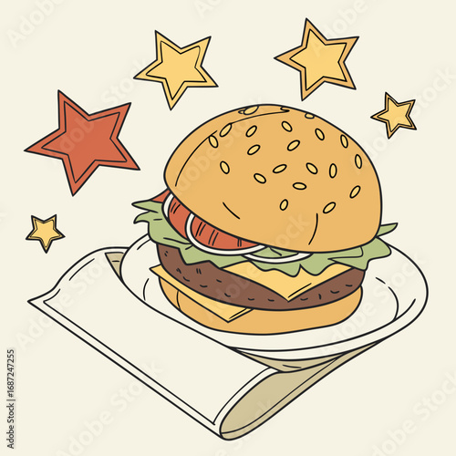 Vector art of burger on plate with stars, hand drawn style