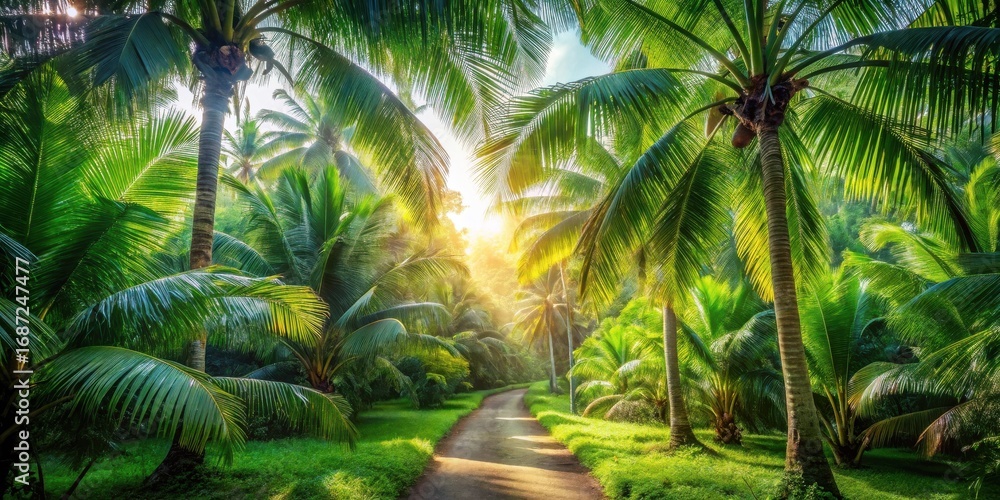 Obraz premium Sunlit Path Through Lush Tropical Palm Grove, Illuminating a Serene and Picturesque Landscape