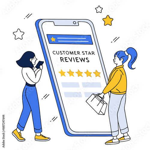 Vector art of customer star reviews on mobile phone with people