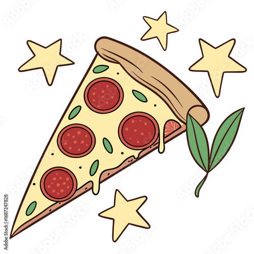 Vector art of delicious pepperoni pizza slice with stars and basil