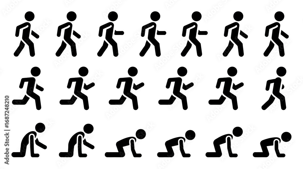 Naklejka premium A set of 18 black stick figure illustrations arranged in three rows against a white background.