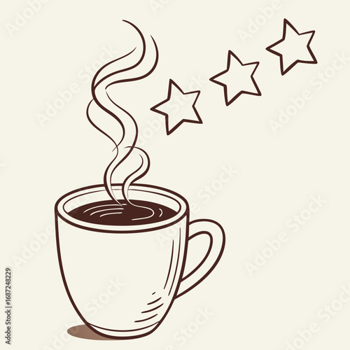 Vector art of hand drawn coffee cup with steam and three stars