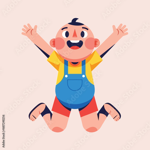 Happy little boy jumping with arms raised in the air against a light pink backdrop, expressing joy and excitement in a playful manner.