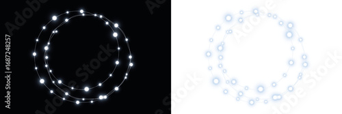 Fotografie Circular glowing light overlay design featuring luminous orbs on contrasting bla