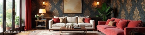 Luxurious damask patterned wallpaper adorns a sophisticated living room, featuring rich textures and elegant furniture  The room exudes opulence and timeless style , classic, living room