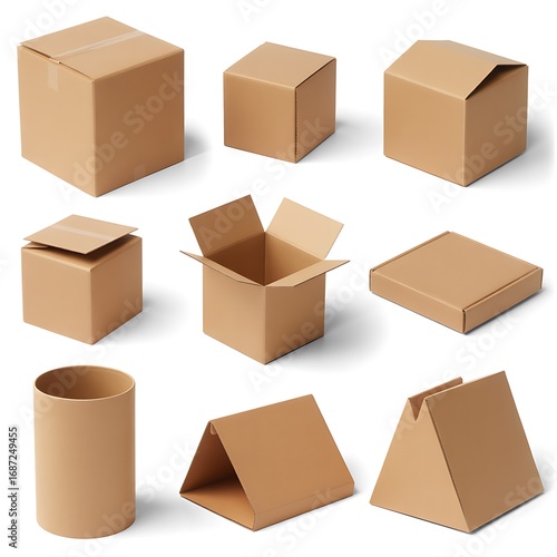 Assortment of brown cardboard boxes in various shapes and configurations isolated on white background