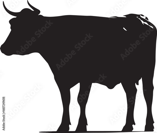 Silhouette of a standing cow in profile with horns and tail

