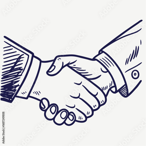 Hand-drawn illustration of a firm handshake between two individuals in business attire.