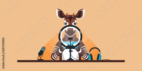 Okapi broadcasting live with microphone and headphones on desk, creating content with ring light in cozy studio, showcasing modern animal influencer concept.
