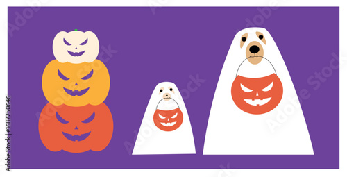 Halloween Illustration with Dogs and Pumpkins