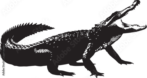 Stylized silhouette of an alligator with open jaws in dynamic pose

