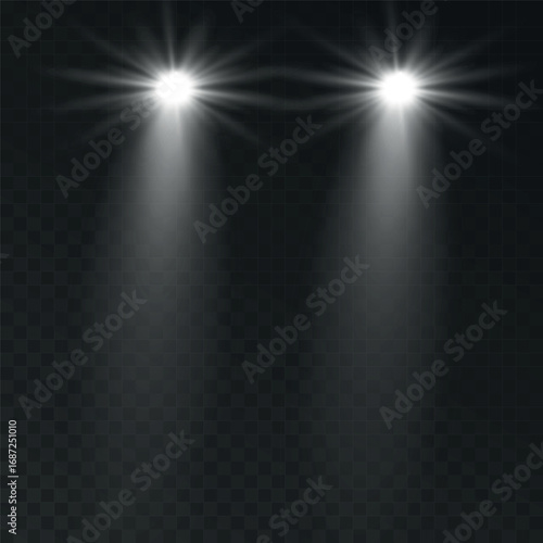 Cars light effect. White glow car headlight bright beams ray isolated on transparent background 