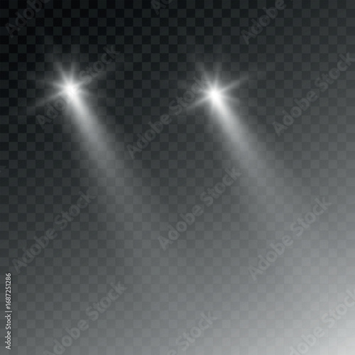 Cars light effect. White glow car headlight bright beams ray isolated on transparent background 