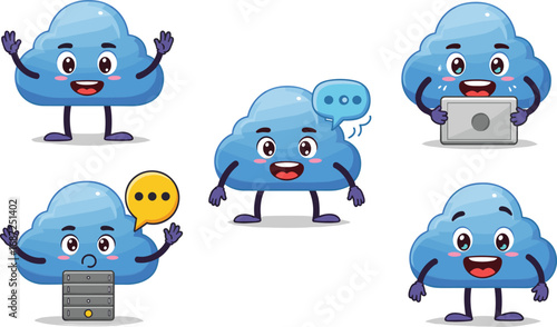 Cartoon cloud character set, cute blue cloud mascot, cloud computing illustration, technology concept, server storage icon, digital communication, vector art
