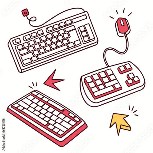 Hand-drawn computer keyboards and mouse illustration set with red accents outline style.