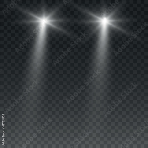 Cars light effect. White glow car headlight bright beams ray isolated on transparent background
