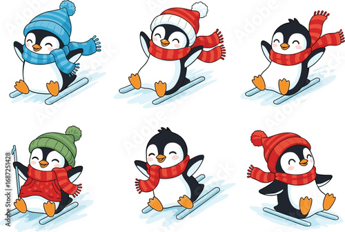 Cute skiing penguins, winter sports cartoon, adorable penguin characters, snowy mountain fun, holiday season illustration, playful ski animals, festive winter artwork, snow adventure