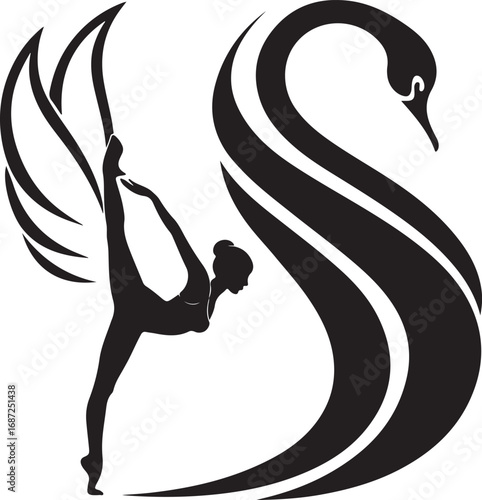 Silhouette of ballerina in split pose with swan design