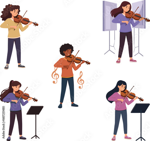 Group of musicians playing violins, orchestra rehearsal, classical music performance, string instrument players, music practice session, ensemble concert, artistic performance scene