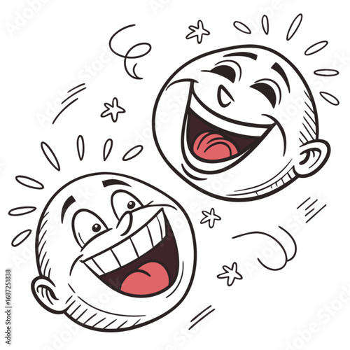 Two black and white cartoon heads laughing hysterically with exaggerated expressions and motion lines.