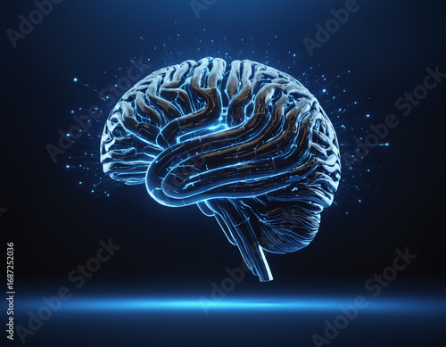 AI futuristic digital brain made of glowing lines and particles.