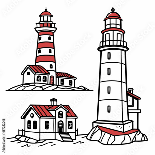 A collection of hand-drawn nautical lighthouses and a keepers house with red and white details.