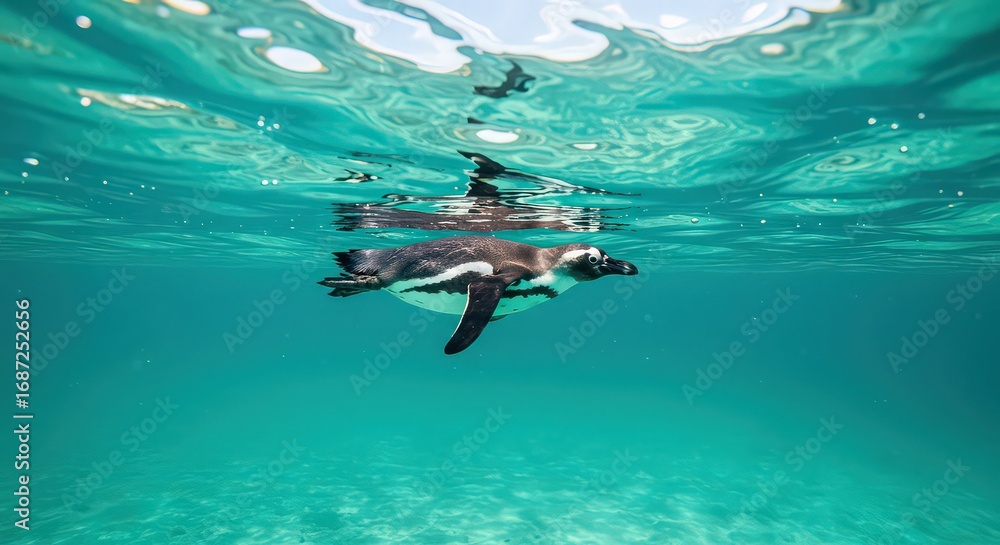 Obraz premium A penguin swimming gracefully underwater in clear turquoise ocean water near the surface