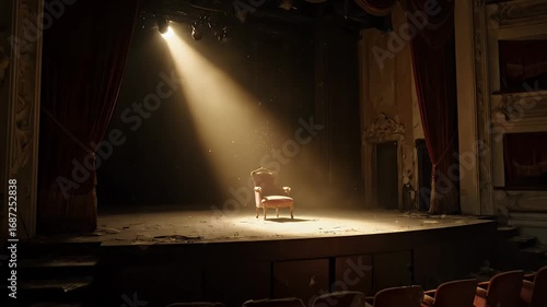 Dramatic spotlight illuminates a solitary, antique chair on the decaying stage of an abandoned, grand theatre, evoking a powerful sense of forgotten glory and melancholy mystery.