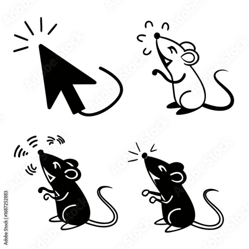 Playful cartoon mice laughing and a dynamic clicking computer cursor icon set black and white line art.