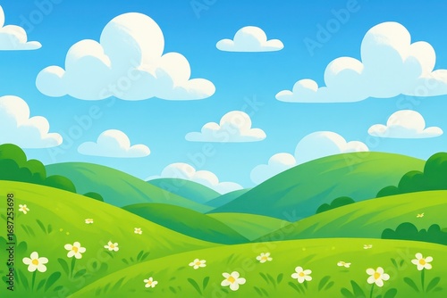 Whimsical cartoon landscape featuring rolling green hills with vibrant blue sky and fluffy white clouds